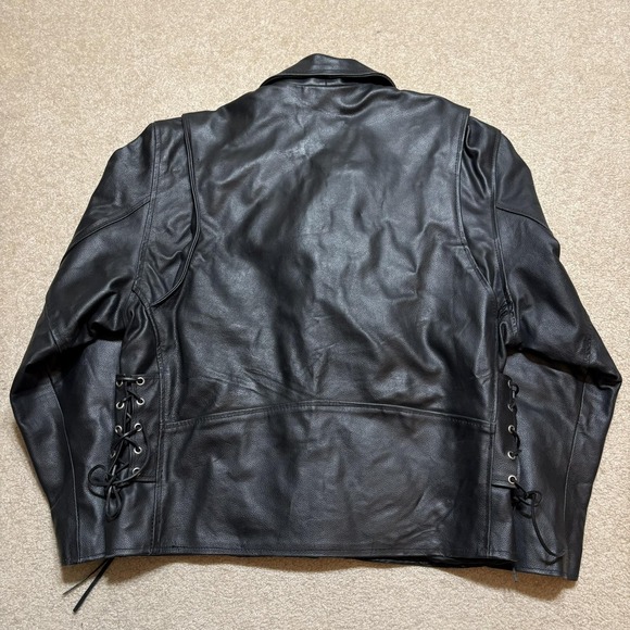 Leather Motorcycle Jacket Mens 44 Black Belted Side Lace Biker Zip Pockets - Picture 5 of 16
